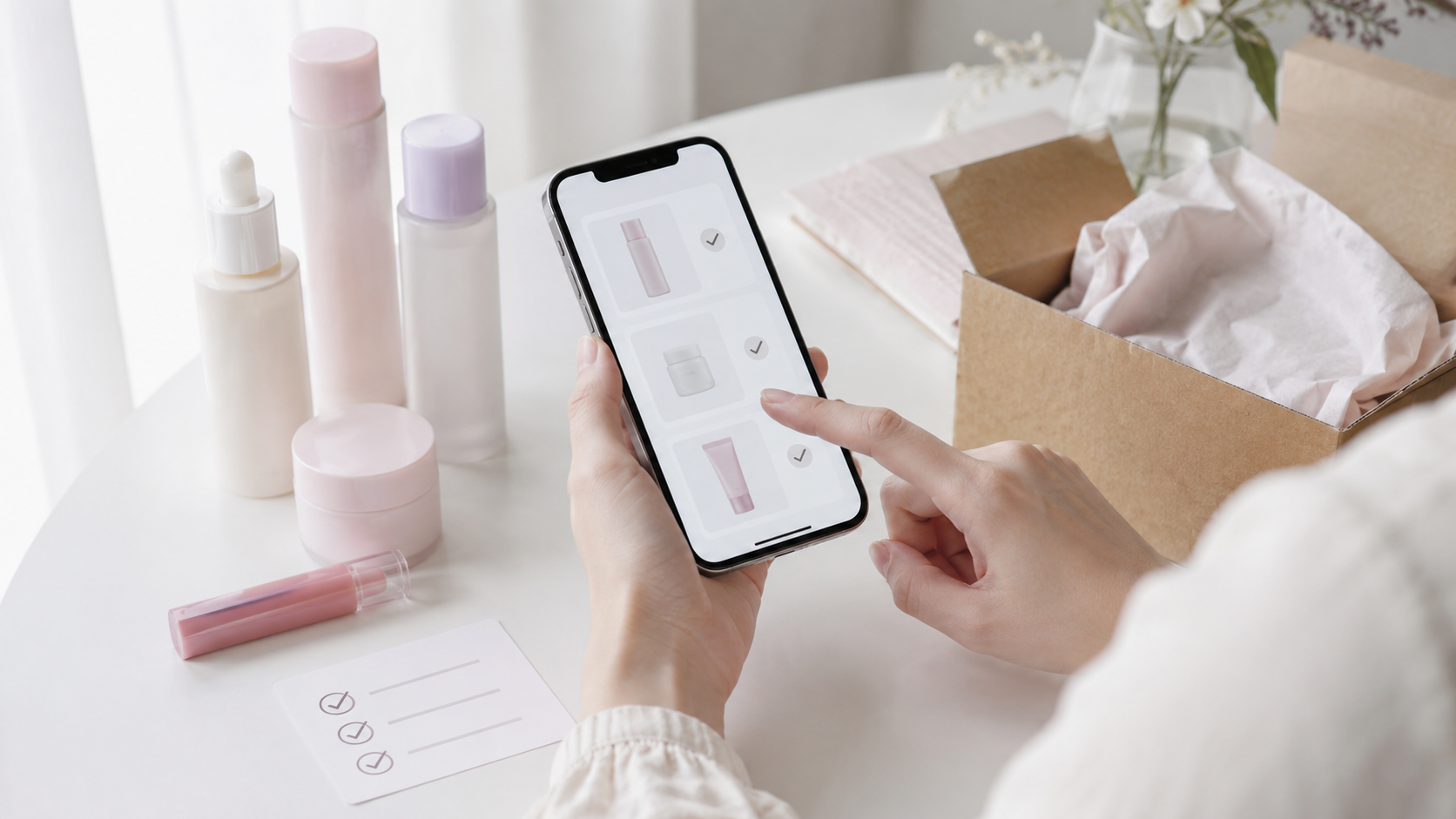 スマートフォンの商品情報とチェックリストを確認しながら韓国コスメを通販で選ぶイメージ