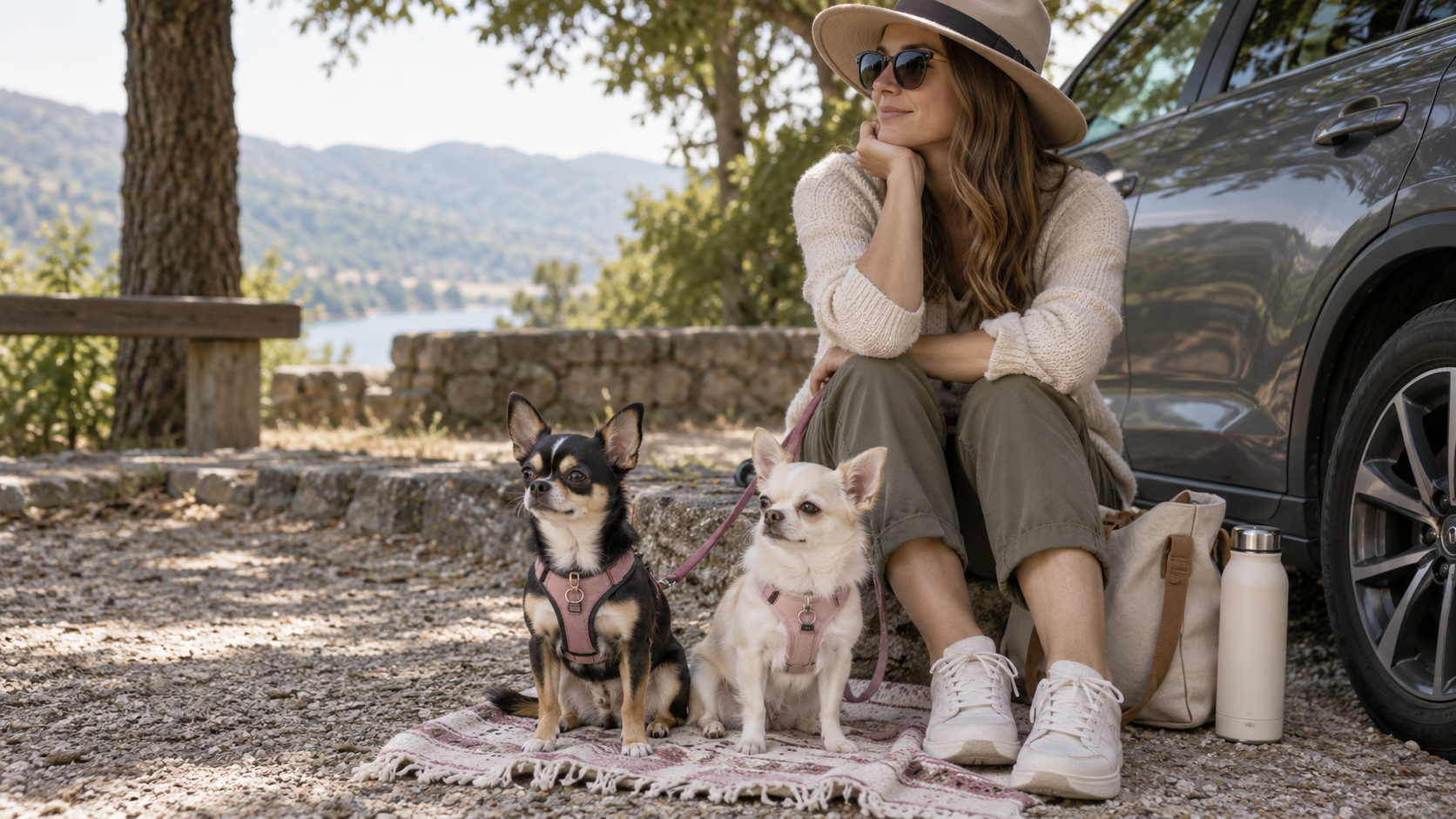 停車中の車のそばで飼い主と二頭のチワワが落ち着いて過ごすイメージ