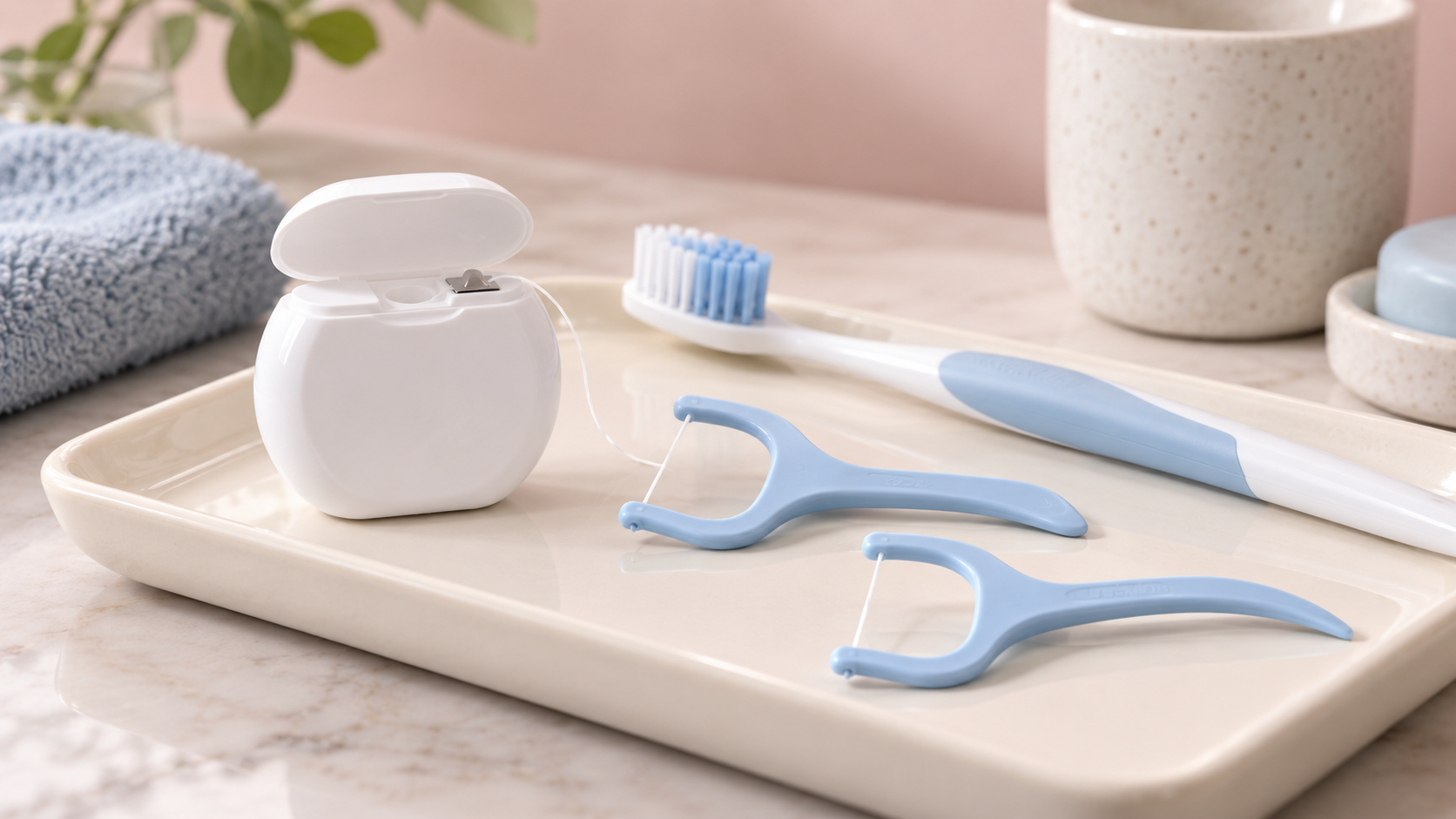 糸巻きフロスとホルダー型フロスを並べた一般的な道具のイメージ