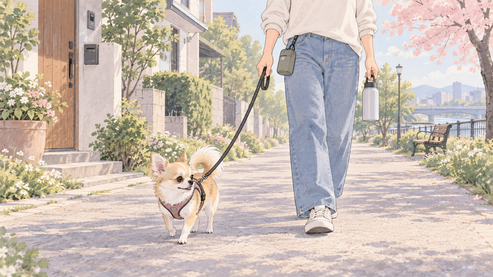 リードを付けたチワワと飼い主が住宅の出入口から離れて歩くイメージ