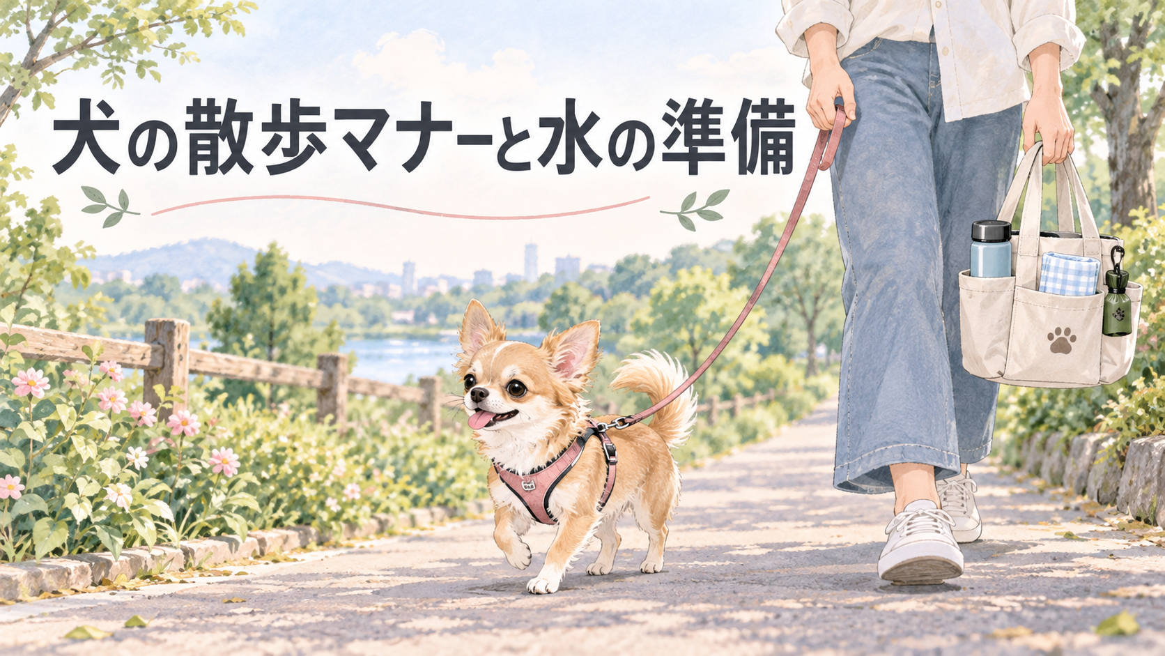 犬の散歩マナーと水の準備を紹介するタイトル入りイメージ