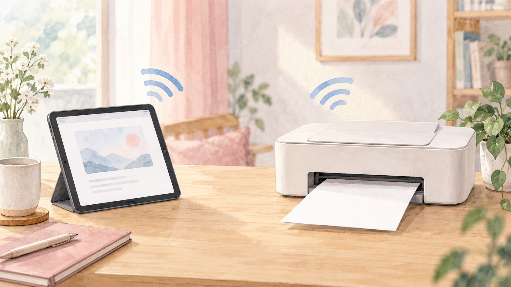 タブレットと家庭用プリンターのネットワーク印刷を表したイメージ