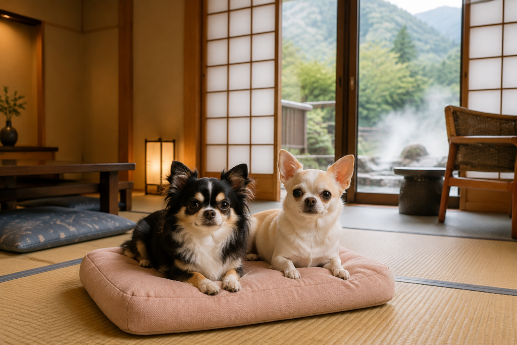 山形県の犬と泊まれる温泉旅館でくつろぐ2頭のチワワ