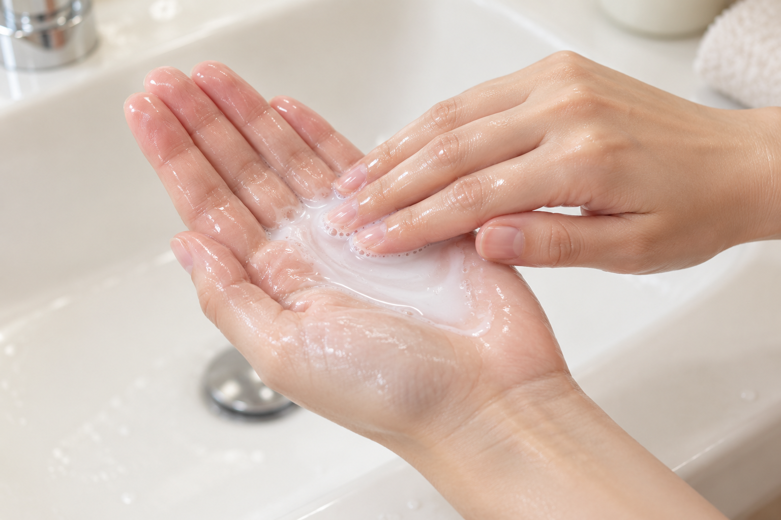 手のひらでクレンジングオイルに水をなじませ白く乳化したイメージ