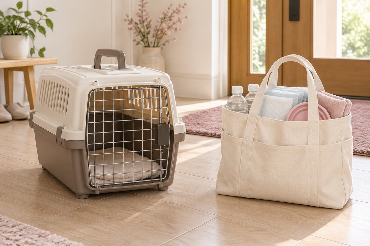 犬を運ぶ専用キャリーと、防災用品をまとめるバッグを分けて準備するイメージ