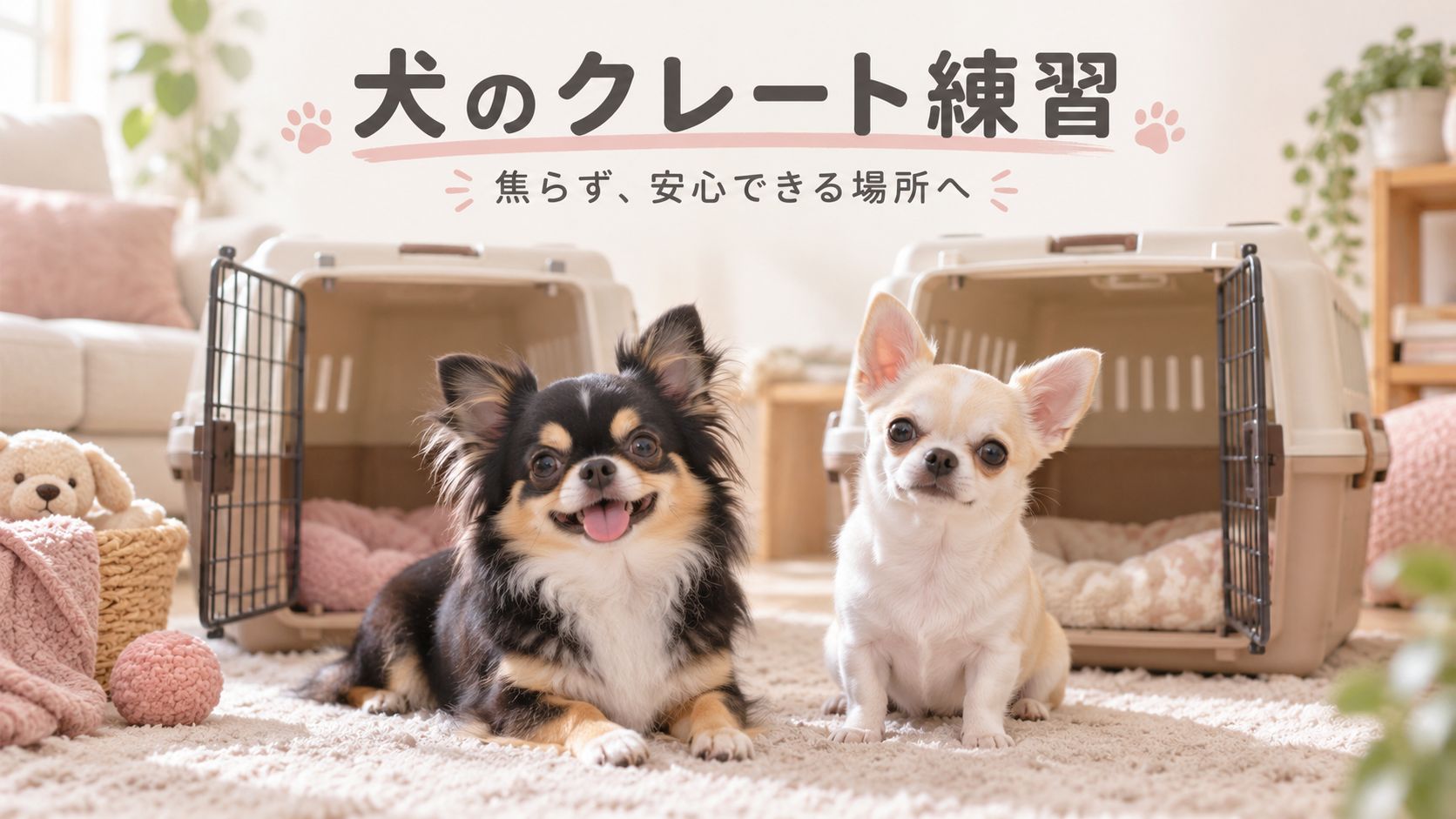犬のクレート練習を紹介するタイトル入りアイキャッチ