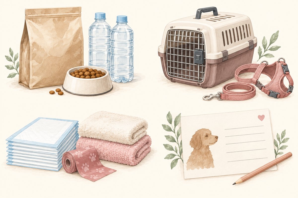 犬の防災用品を食事と水、移動、排泄と衛生、連絡先の4つに整理したイラスト