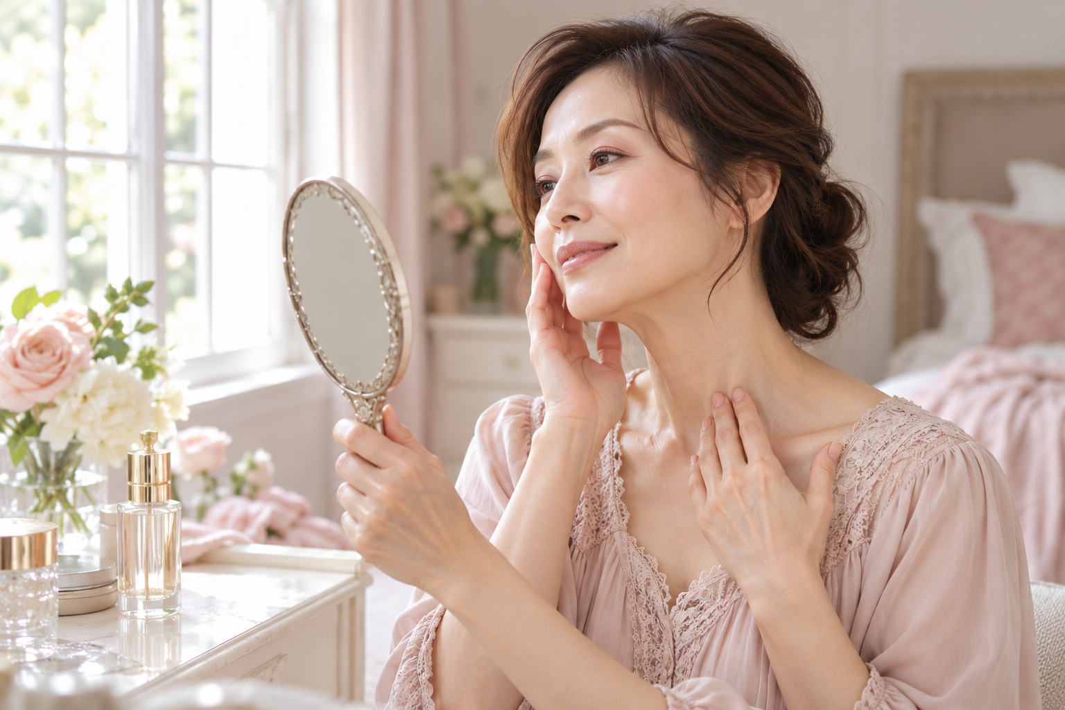 鏡で顔と首の境目を確認する生成イメージ