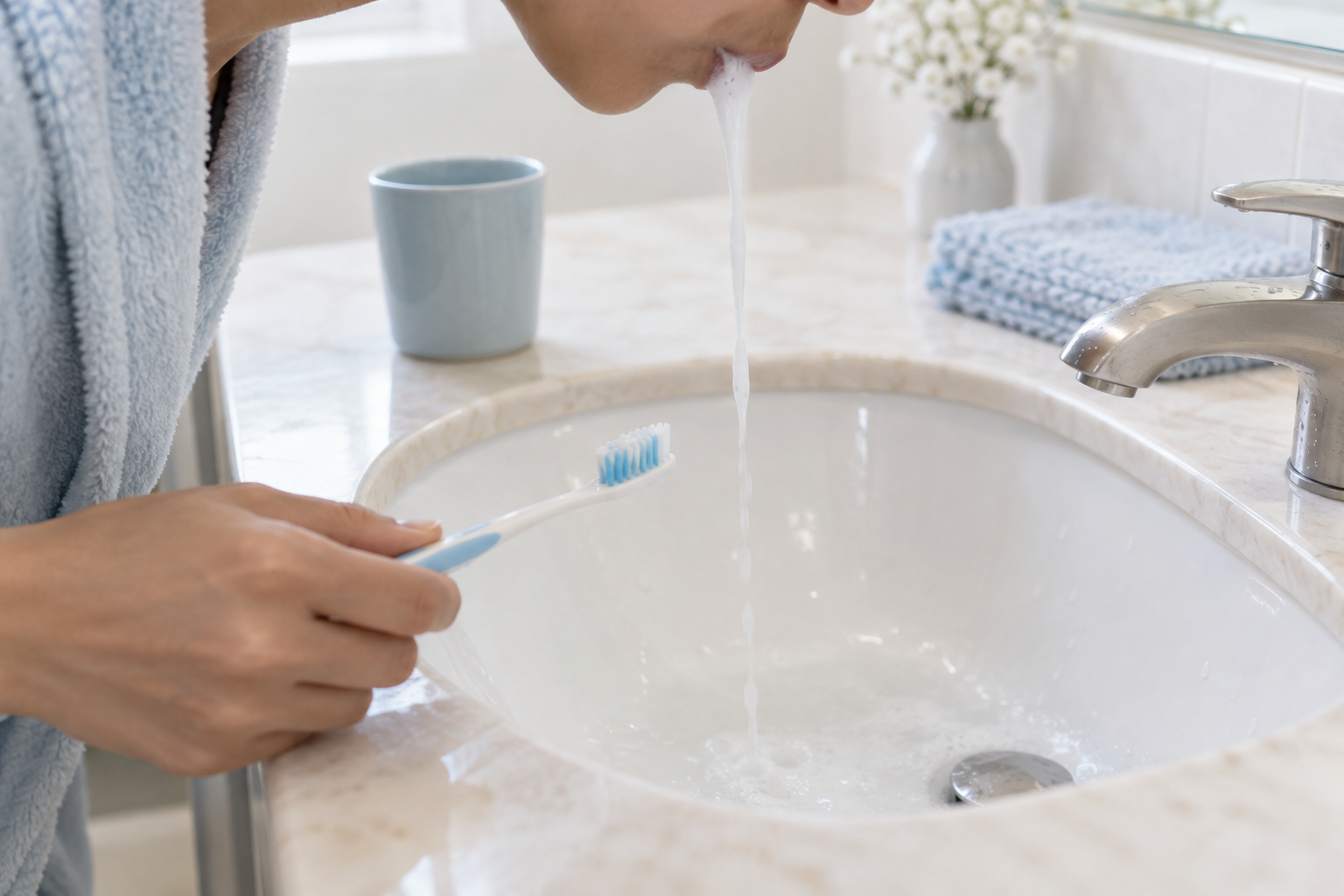 歯磨き後に少量の水ですすぐ場面のイメージ