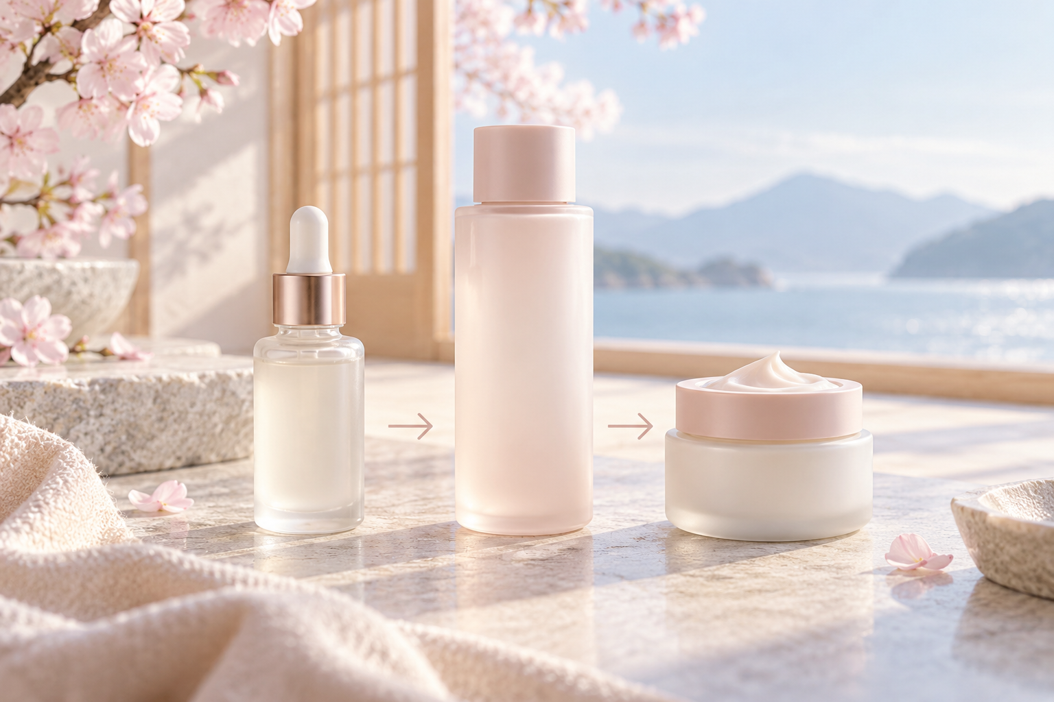 美容液から乳液とクリームへ重ねるイメージ