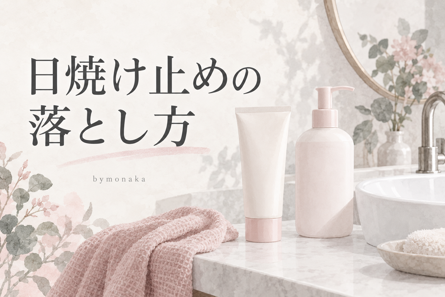 日焼け止めの落とし方のタイトルと洗面台のイメージ