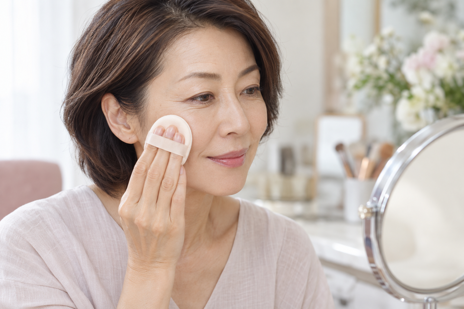 50代女性がクッションファンデーションを薄く重ねるイメージ